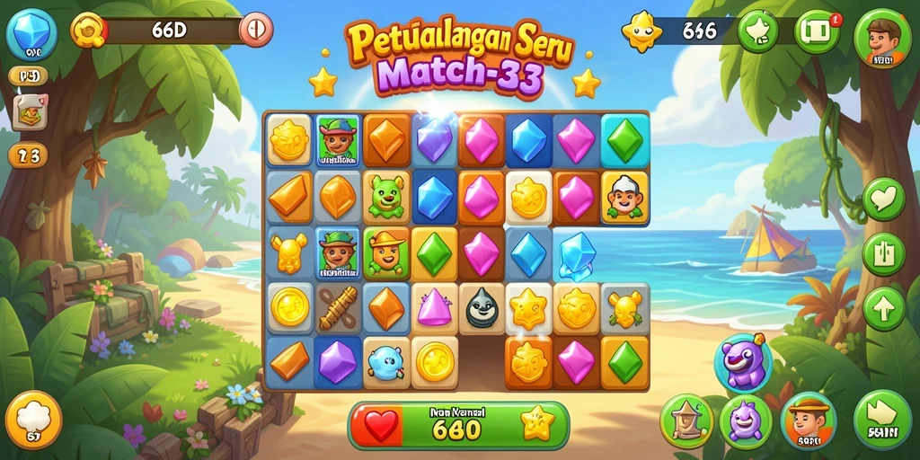 Screenshot utama 66D menampilkan aksi seru dalam permainan Match-3 yang mengasyikkan.