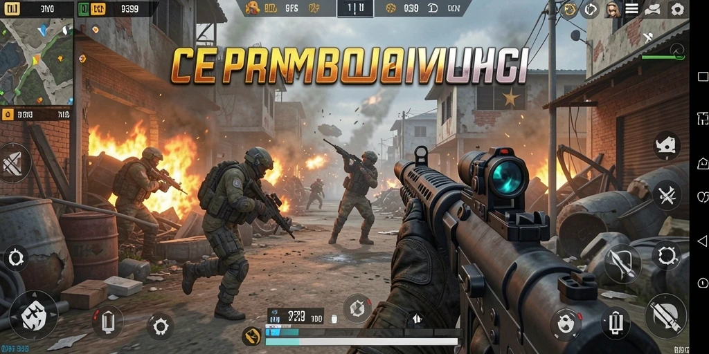 Screenshot gameplay intens dari 9399 yang menunjukkan aksi FPS.