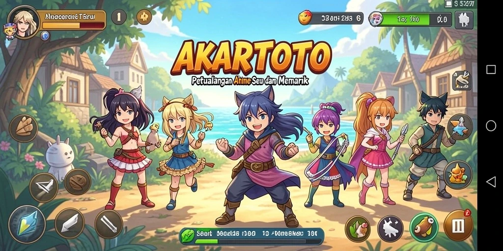 Screenshot utama AKARTOTO menampilkan karakter anime yang beraksi.