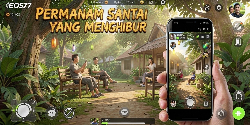 Screenshot menunjukkan gameplay yang santai dan penuh warna dari EOS77.