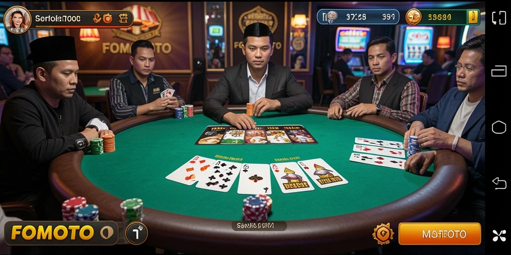 Screenshot gameplay poker FOMOTOTO yang menggambarkan suasana permainan.