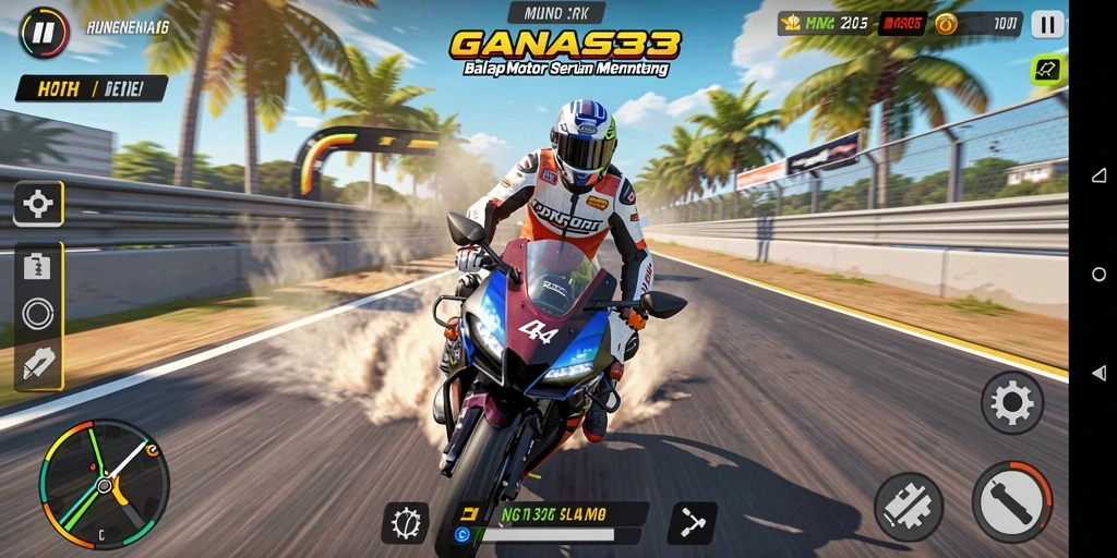 Screenshot gameplay seru dari GANAS33 dengan balapan motor yang mendebarkan.