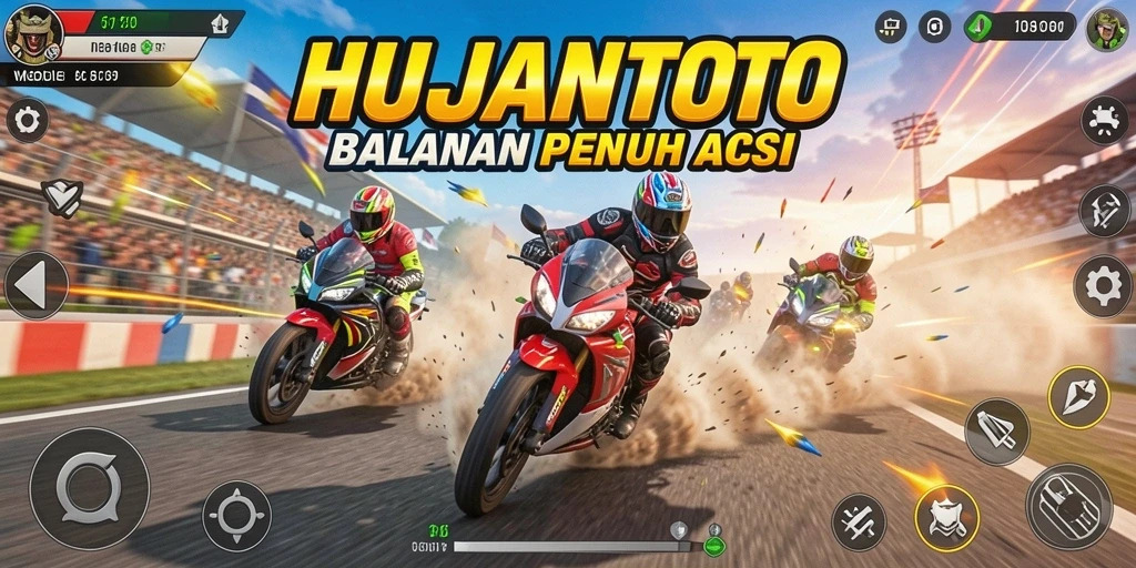 Screenshot gameplay <strong>HUJANTOTO</strong> menampilkan balapan motor yang mendebarkan.