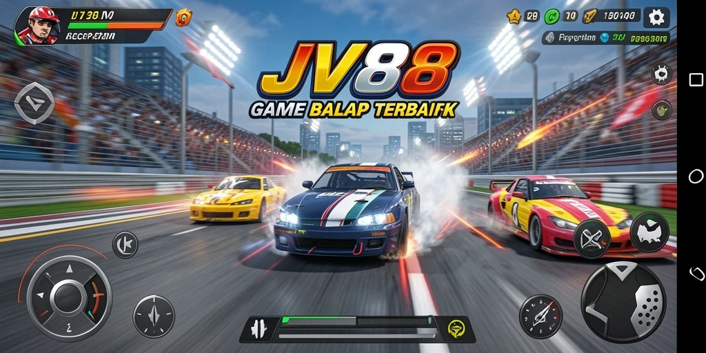 Tangkapan layar utama menunjukkan aksi balap mendebarkan di JV88.