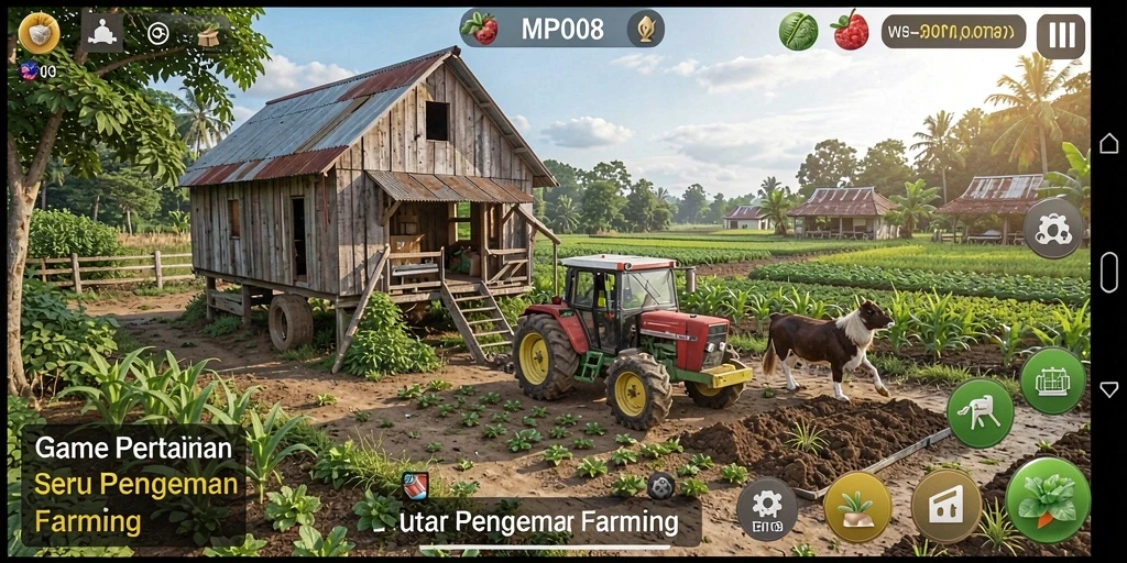 Screenshot MPO08 menampilkan aktivitas seru dalam bertani.