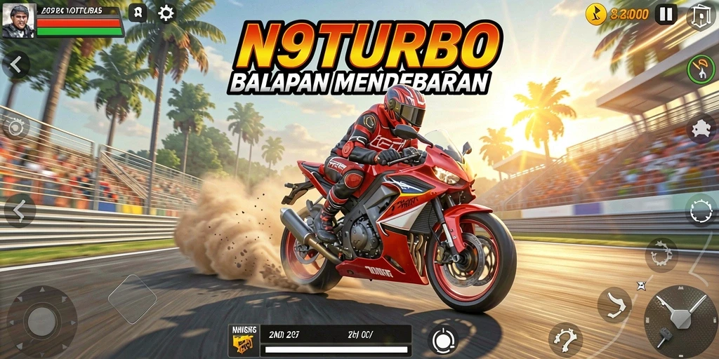 Tampilan gameplay balapan motor N9TURBO yang seru dan mendebarkan.