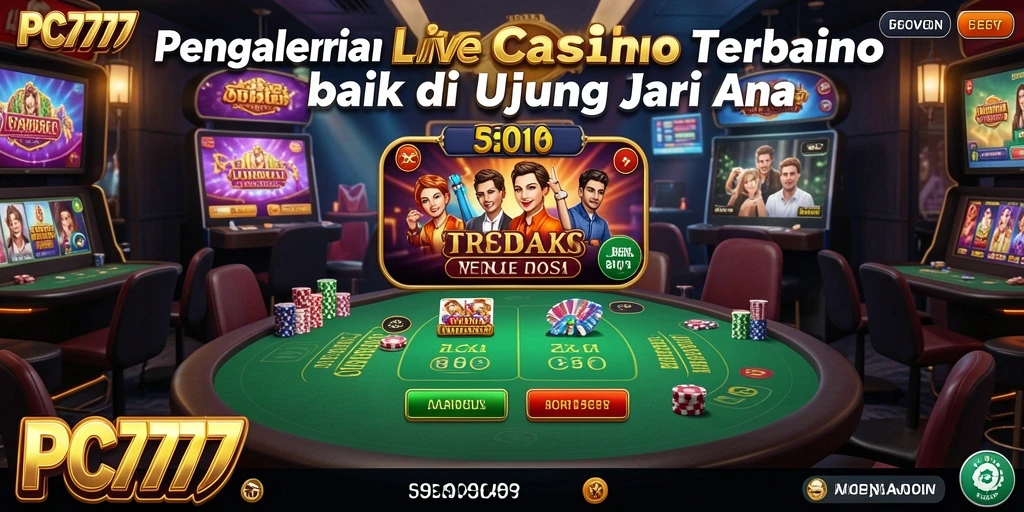 Screenshot gameplay PC777 menampilkan dealer profesional dan pemain berinteraksi dalam permainan Live Casino.