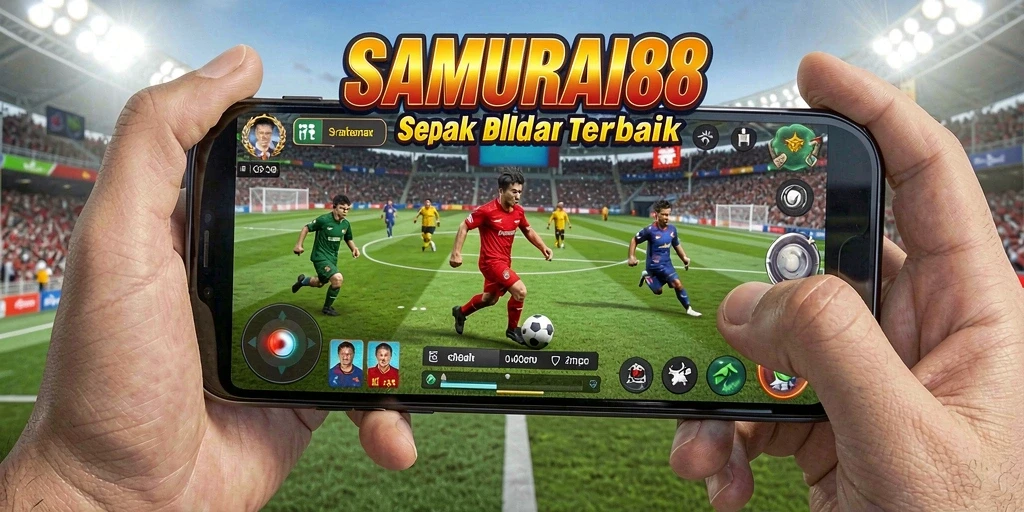 Screenshot gameplay menunjukkan aksi pertandingan sepak bola yang intens.