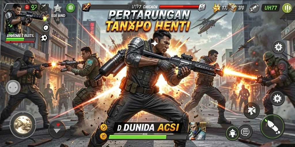 Tampilan aksi seru dalam gameplay UH77 yang mendebarkan.