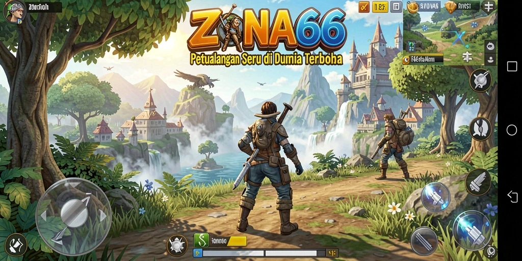 Screenshot gameplay ZONA66 menampilkan eksplorasi dalam dunia terbuka yang megah.